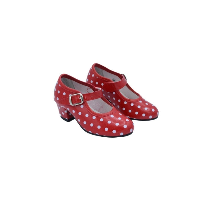 Zapato flamenca sevillana rojo lunares blancos // Pasos de baile