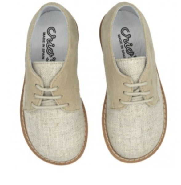Zapato comunión serraje y tela beige león shoes.